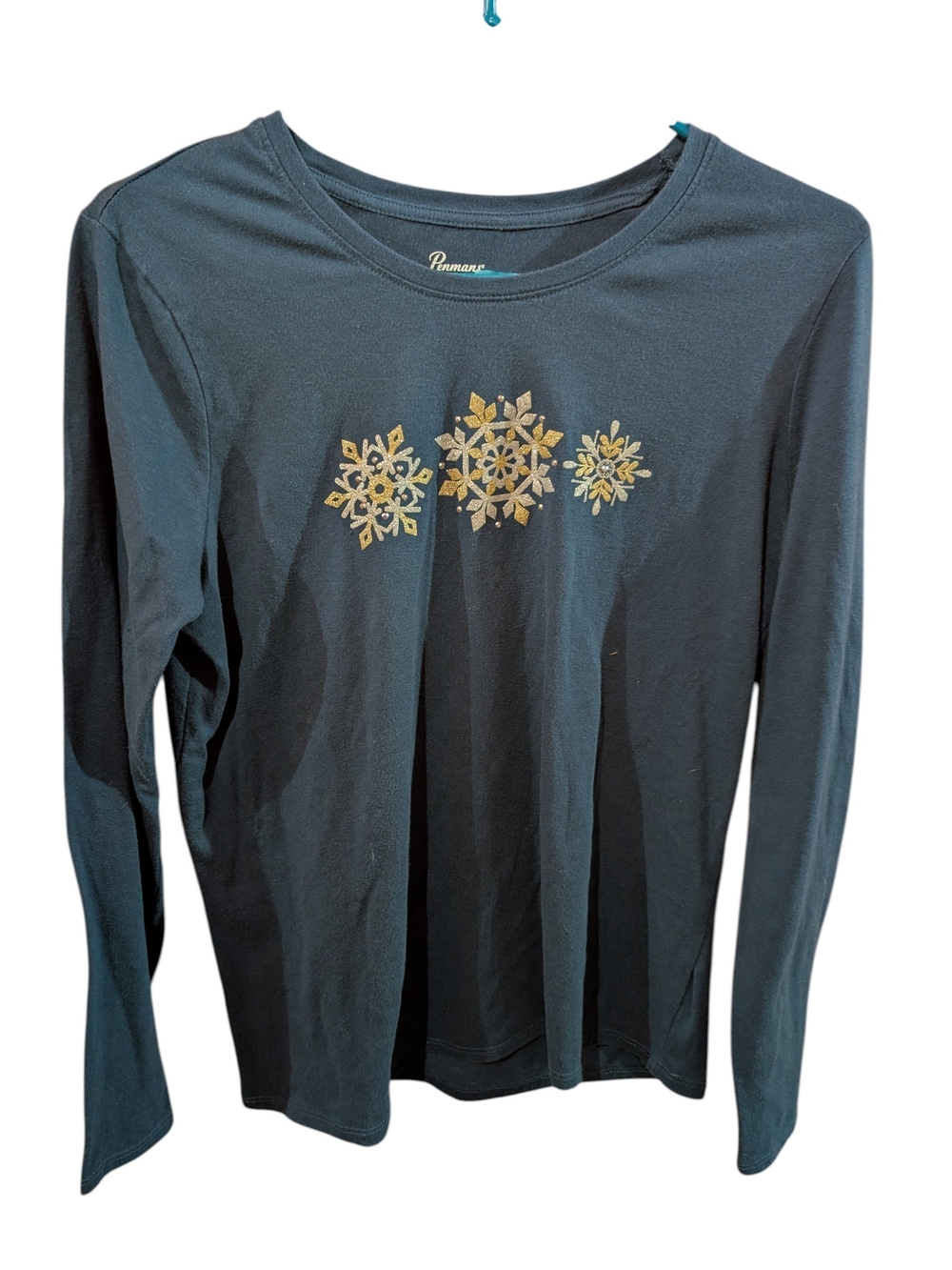 Women's Teal Long-Sleeve Tee with Gold Snowflake Motif